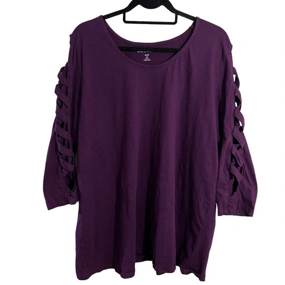 Roamans Eggplant Purple Top Plus Size 2X Criss Cross Cutout Sleeves Pullover - Picture 1 of 5
